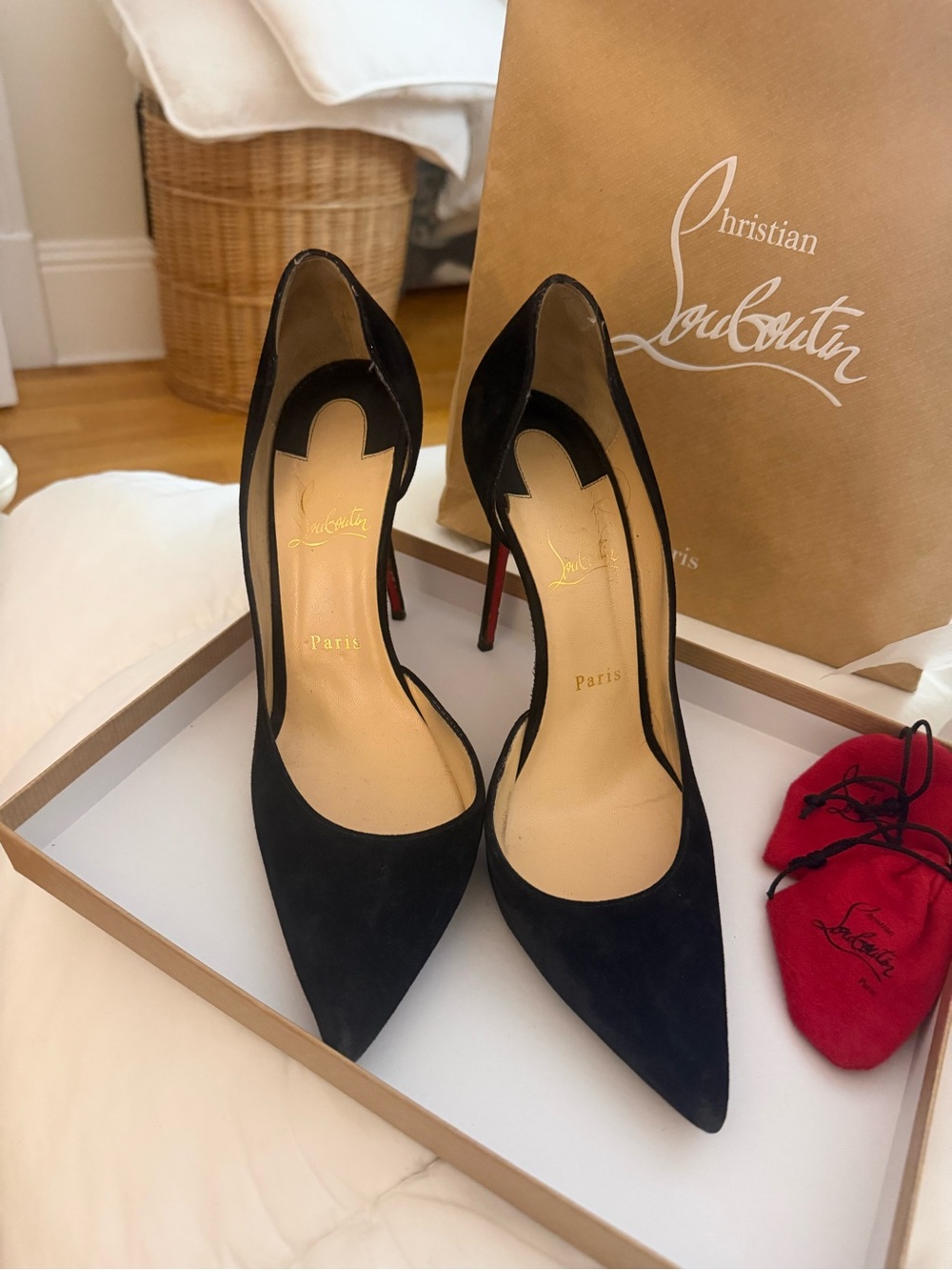 Christian Louboutin Black Suede Pointed Stiletto Heels with Red Soles
